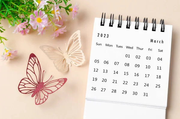 March 2023 Desk Calendar Organizer Plan Reminder Butterfly Paer Flower — Stock Photo, Image