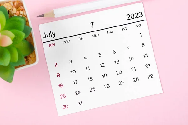 Juli 2023 Maandelijkse Kalender Voor 2023 Jaar Roze Achtergrond — Stockfoto