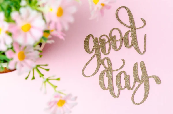 Pink Flowers Text Good Day Pink Colour Background — Stock Photo, Image