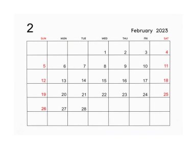 Şubat 2023 Takvim sayfası beyaz arkaplanda izole edildi, Kaydedilmiş kırpma yolu.