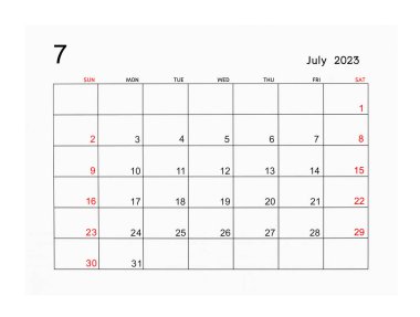 Temmuz 2023 Takvim sayfası beyaz arkaplanda izole edildi, Kaydedilmiş kırpma yolu.