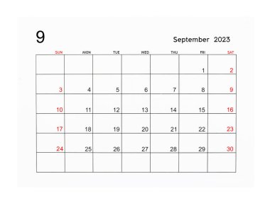 Eylül 2023 Takvim sayfası beyaz arkaplanda izole edildi, Kaydedilmiş kırpma yolu.
