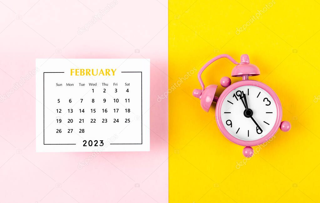 February 2023 monthly calendar for 2023 year with pink colour alarm 