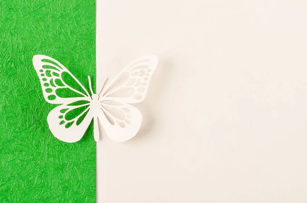 Butterfly made from carve paper or cutting on green and yellow background with empty space for your text or message.