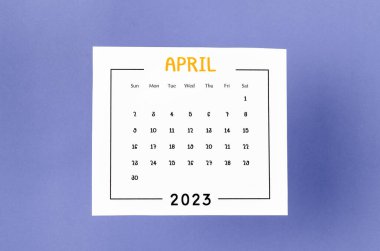 April 2023 Monthly calendar for 2023 year on purple background.