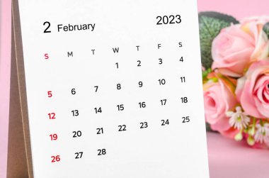 February 2023 Monthly desk calendar with dried rose on pink background.