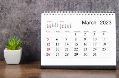 2023 Mart Masa takvimi ahşap masa üzerinde küçük bitki ile 2023 yıl.