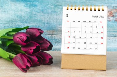 2023 Mart Masa takvimi ahşap arka planda çiçek.