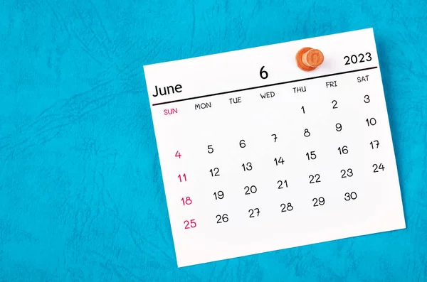 June 2023 Wooden Push Pin Blue Color Background — 스톡 사진
