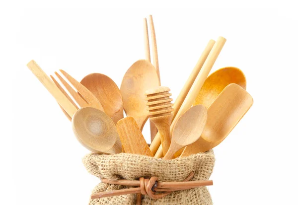 Close Wooden Cutlery Sack Bag White Background Environmentally Friendly Materials — Stock Photo, Image