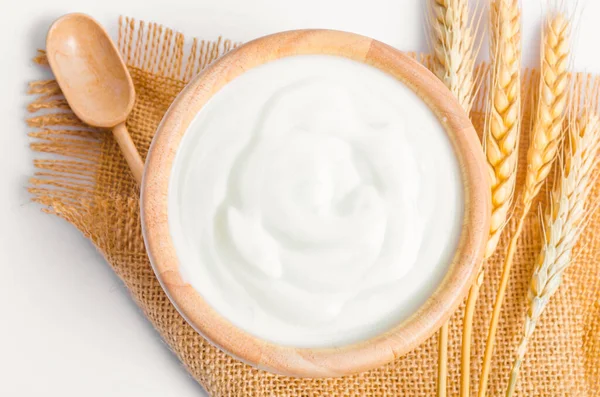 Fresh Greek Yogurt Wooden Bowl Wooden Spoon Healthy Breakfast — Stock Photo, Image