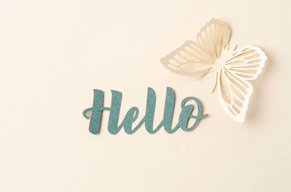 Hola Texto Con Tallado Papel Mariposa Sobre Fondo Pastel —  Fotos de Stock