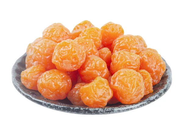 Frutas Conservadas Miel Seca Ciruela China Plato Aislado Sobre Fondo — Foto de Stock