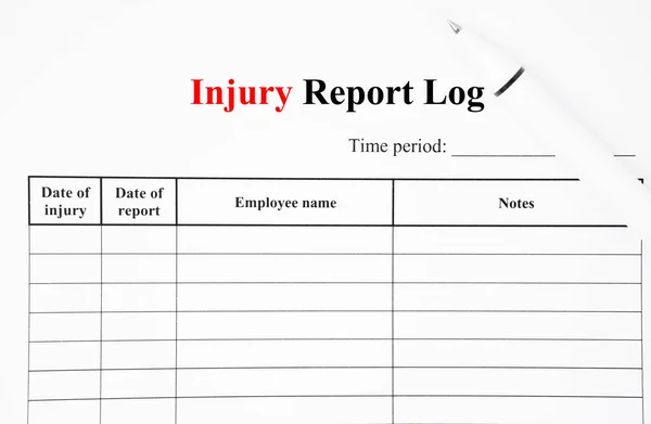Blank Workplace Injury Report Log with pen.