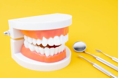 Sarı arka planda takma dişler ve aygıt.