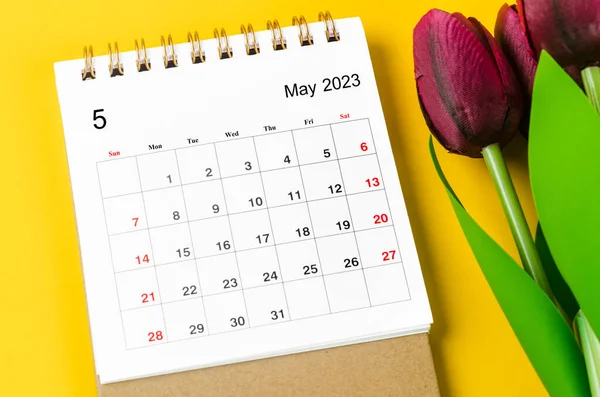 Maj 2023 Månadsskrivbordskalender För 2023 Och Röd Tulpan Gul Bakgrund — Stockfoto