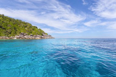 Güneşli sahil ve turkuaz deniz, berrak gökyüzü arka planı.