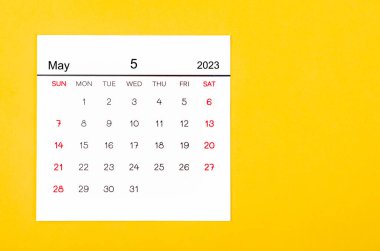 May 2023 Monthly calendar for 2023 year on yellow background.