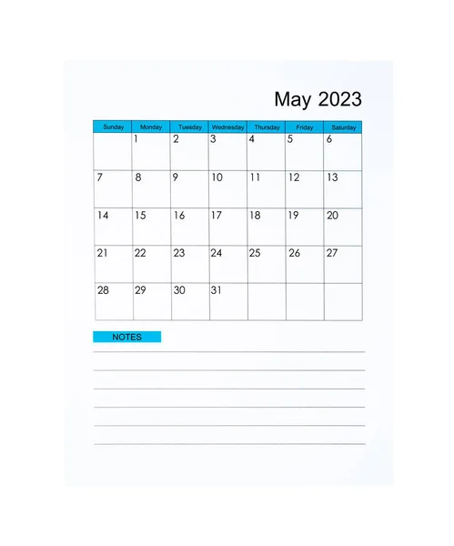 2023年5月的垂直日历页 2023年以白色背景隔离 节省的剪贴路径 — 图库照片