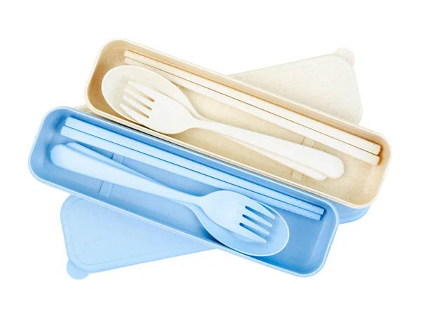Cucchiai Forchette Bacchette Plastica Incastonate Isolate Fondo Bianco Percorso Ritaglio — Foto Stock