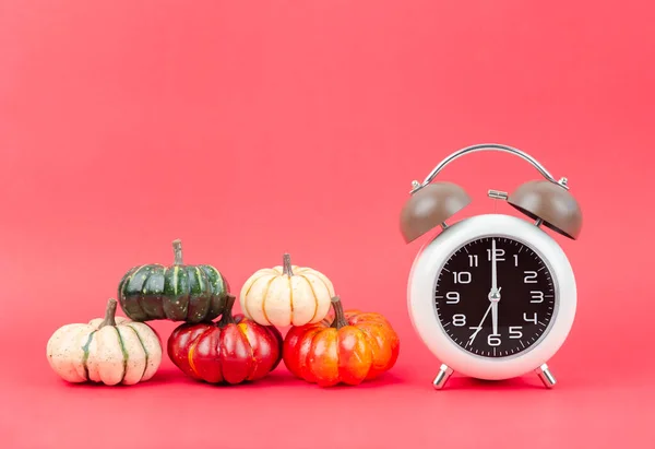 Relógio Alarme Vintage Com Abóboras Outono Fundo Vermelho — Fotografia de Stock