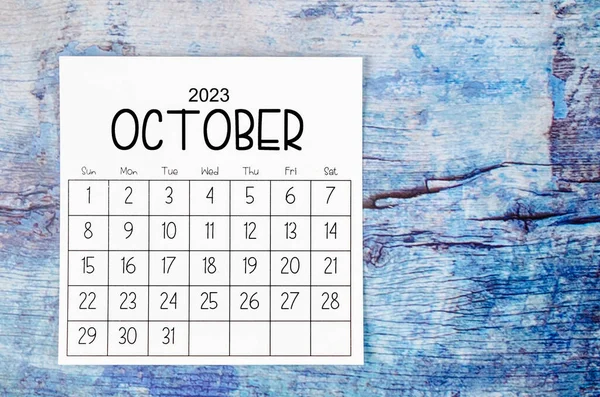 Outubro 2023 Calendário Mensal Para 2023 Ano Fundo Madeira Azul — Fotografia de Stock