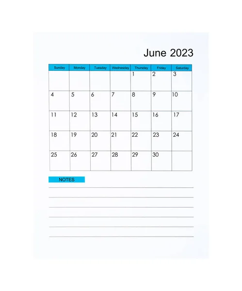 2023年6月的垂直日历页 2023年 白色背景隔离 节省的剪贴路径 — 图库照片