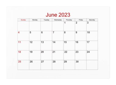2023 Haziran takvim sayfası beyaz arkaplanda izole edilmiş, kırpma yolunu kaydet.