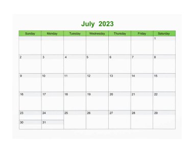2023 Temmuz takvim sayfası beyaz arkaplanda izole edilmiş, kırpma yolunu kaydet.