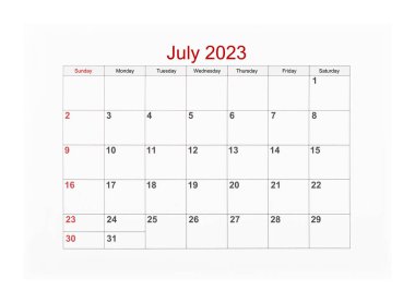 2023 Temmuz takvim sayfası beyaz arkaplanda izole edilmiş, kırpma yolunu kaydet.