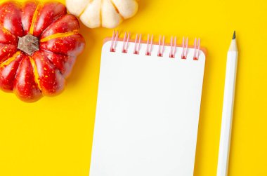 Mesajınız veya mesajınız için sarı arkaplanda balkabağı bulunan boş günlük ve kalemi açın.