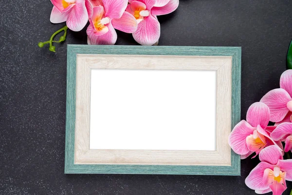 Blank Wooden Photo Frame Pink Color Orchid Old Black Wooden — Stock Photo, Image