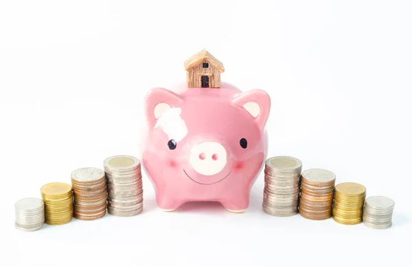 Money Coins Tower Pink Piggy Bank White Background — Stock Photo, Image