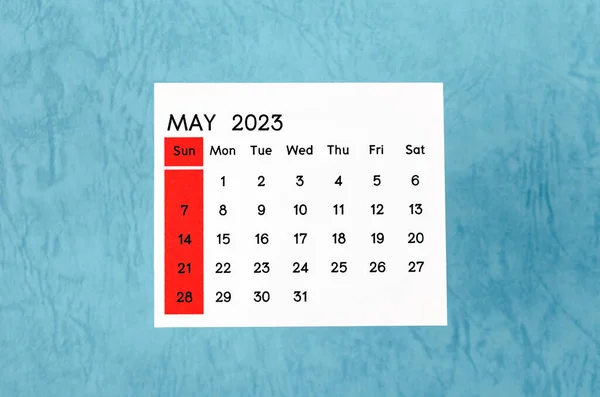 Maj 2023 Miesięczny Kalendarz 2023 Rok Niebieskim Tle — Zdjęcie stockowe