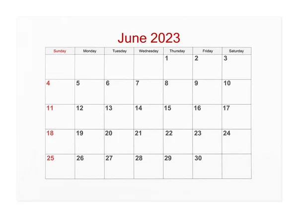 Červen 2023 Kalendář Stránka Pro 2023 Rok Izolované Bílém Pozadí — Stock fotografie