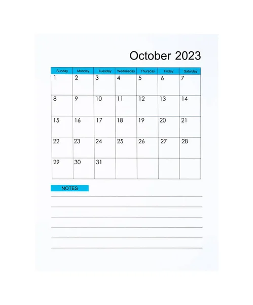 Oktober 2023 Kalender Sida För 2023 Isolerad Vit Bakgrund Sparad — Stockfoto