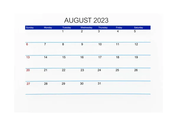 2023年8月2023年日历页 以白色为背景隔离 节省快捷方式 — 图库照片