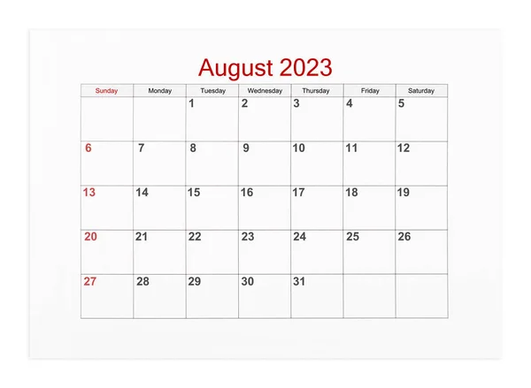 Sierpień 2023 Kalendarz 2023 Rok Izolowany Białym Tle Zapisz Ścieżkę — Zdjęcie stockowe