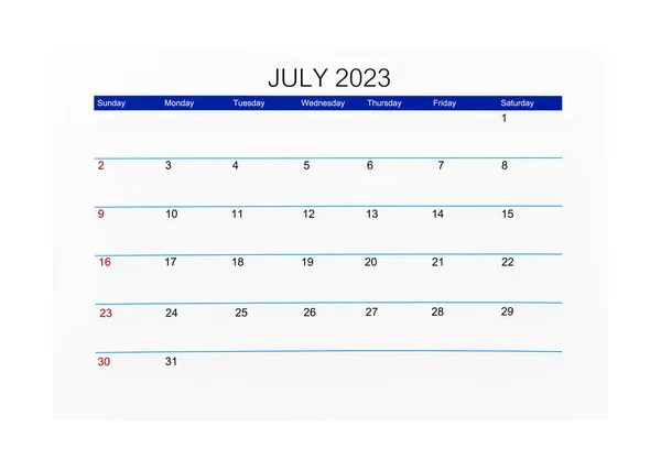2023年7月カレンダーページ白を背景に隔離年 保存されたクリッピングパス — ストック写真