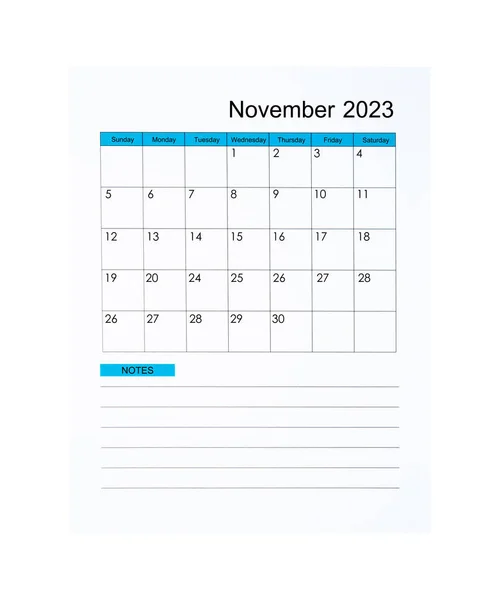 November 2023 Calendar Page 2023 Year Isolated White Background Saved — Stock Photo, Image