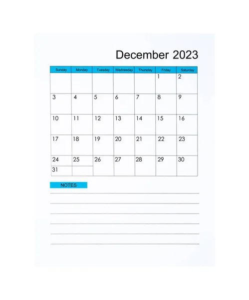 2023年12月2023年日历页 以白色为背景隔离 节省快捷方式 — 图库照片