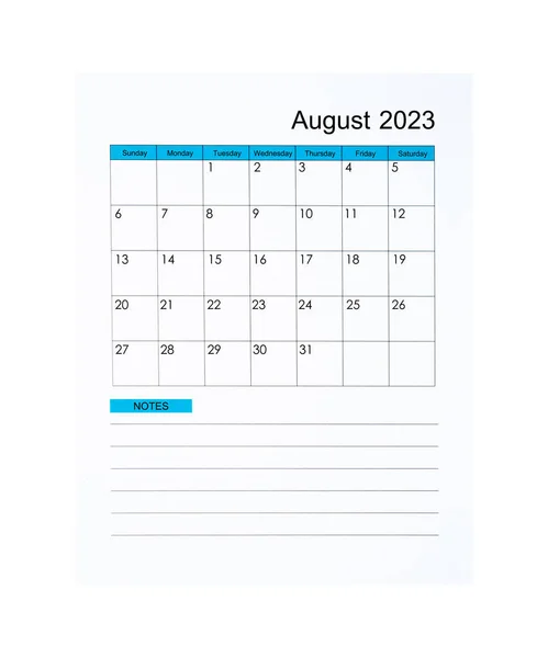 2023年8月の垂直カレンダーページ白の背景に隔離された2023年のために 保存されたクリッピングパス — ストック写真