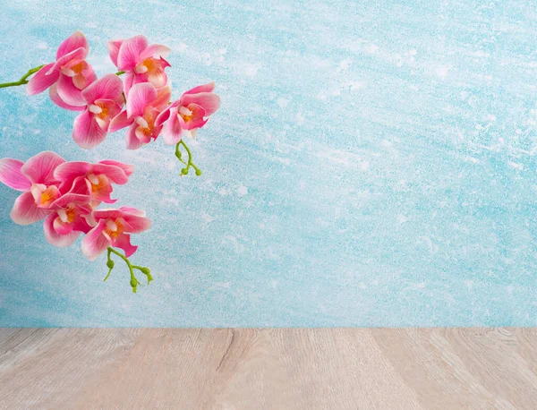 ピンク色の蘭の装飾が施された木製の床と青い壁 背景のための空の部屋 — ストック写真