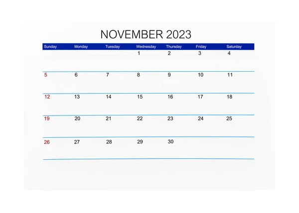 Listopad 2023 Kalendář Stránka Pro 2023 Rok Izolované Bílém Pozadí — Stock fotografie