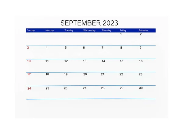 2023年9月2023年日历页 以白色为背景隔离 节省了裁剪路径 — 图库照片