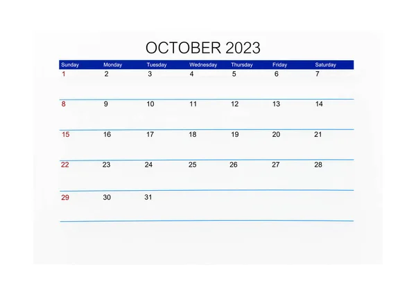 October 2023 Calendar Page 2023 Year Isolated White Background Saved — Stock Photo, Image