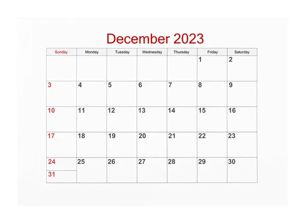 December 2023 Kalender Sida För 2023 Isolerad Vit Bakgrund Spara — Stockfoto