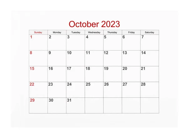 Oktober 2023 Kalender Sida För 2023 Isolerad Vit Bakgrund Spara — Stockfoto