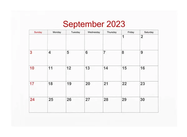 Září 2023 Kalendář Stránka Pro 2023 Rok Izolované Bílém Pozadí — Stock fotografie