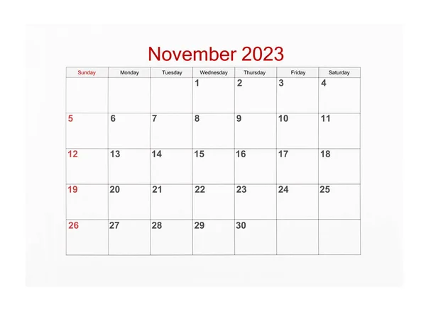 Novembro 2023 Página Calendário Para 2023 Ano Isolado Fundo Branco — Fotografia de Stock